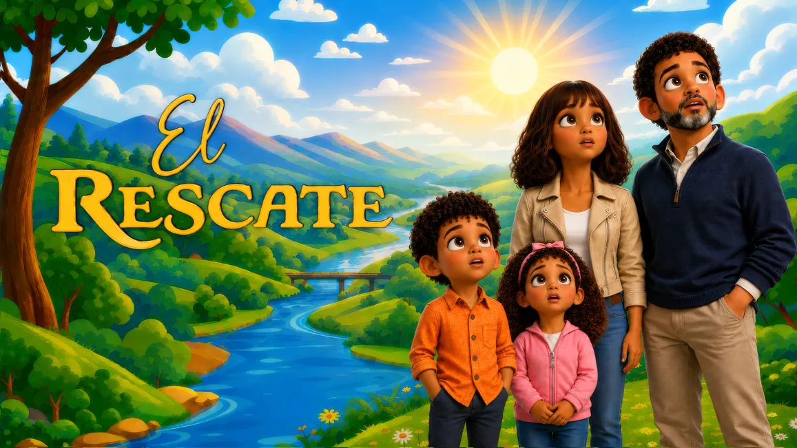 El Rescate: la familia King frente a un paisaje con un río