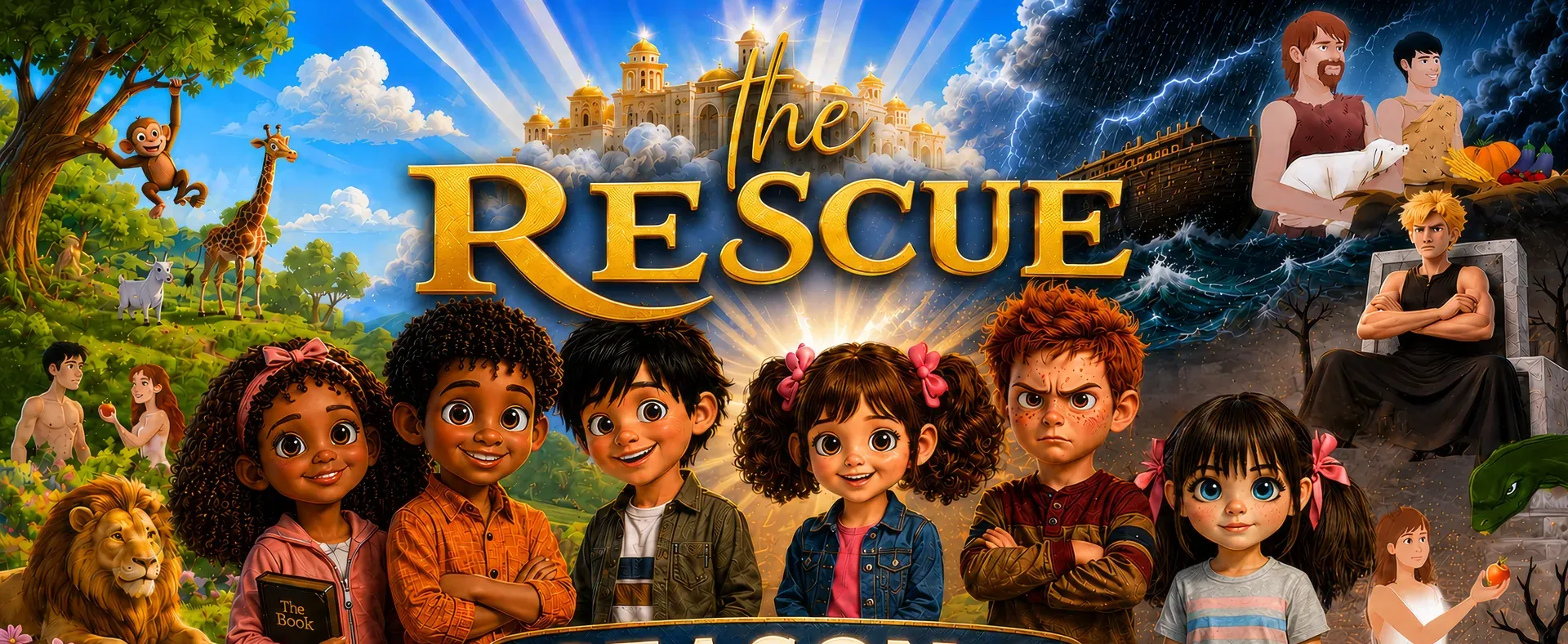 The Rescue Season 1 key art: Jack, Melody and their friends in front of scenes from Creation, Eden and the Flood
